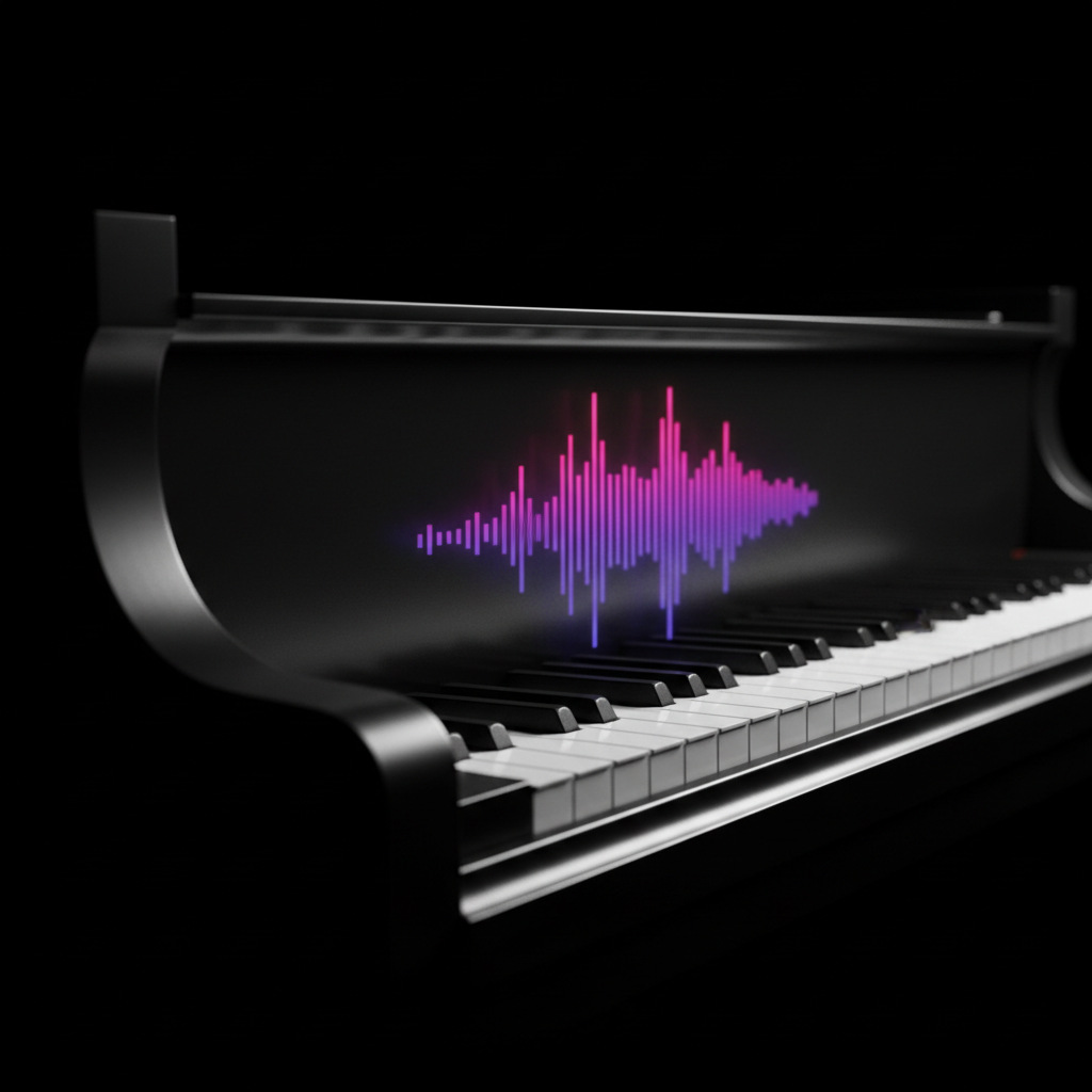 A deep, matte-black grand piano fragment—just the gleaming keys and a portion of the curved body—set against a seamless dark background. Above the keys hovers a semi-transparent, holographic equalizer made of crisp vertical bars in vivid magenta and indigo, pulsating upward as if reacting to an unseen vocal. A powerful side light from the left creates sharply defined shadows between the keys and a luminous edge along the piano’s curve. Photographic realism with a narrow depth of field keeps the focus on keys and hologram, framed in a cinematic widescreen crop. The scene feels bold, emotional, and technologically infused, echoing AI-driven R&B composition.