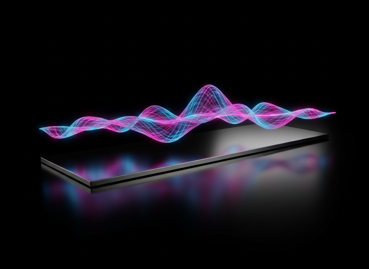 A translucent holographic waveform, rendered as a three-dimensional glowing ribbon in rich magentas and electric blues, floats above a slim, metallic silver platform. The platform rests on a glossy black surface that mirrors the colors with razor-sharp reflections. Intense side lighting from the right creates crisp, angular shadows from the platform while the waveform itself emits a soft internal glow, lighting the surrounding darkness. Photographic, high-impact style with a wide, cinematic aspect ratio and negative space around the subject. The mood is bold, futuristic, and emotive, visually representing an AI R&B track unfolding in pure digital form.