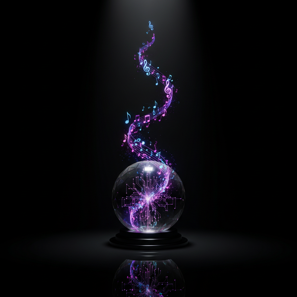 An abstract AI “mind” represented by an elegant, semi-transparent crystalline sphere with delicate circuit-like patterns inside, resting on a mirror-black pedestal. From the sphere emerges a flowing, ribbon-like trail of musical notes and waveform fragments, rendered in luminous purples and blues that fade into the darkness. A tight, intense spotlight from above sculpts the sphere’s facets, throwing a sharply defined circular shadow on the surface below. Photographic realism and minimalist composition with the sphere centered, background nearly void. The mood is bold, mysterious, and soulful, symbolizing Saige as an AI R&B songstress whose identity is formed entirely from sound and code.