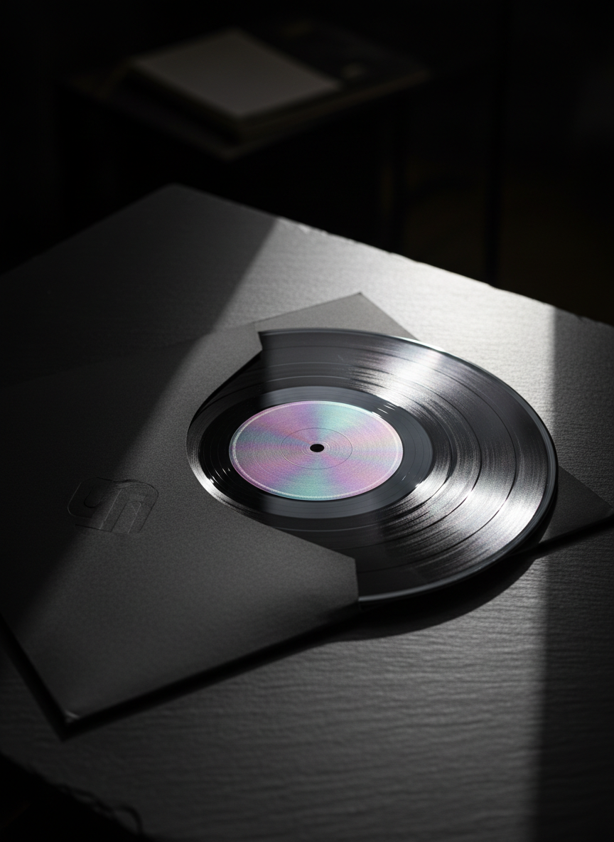 A glossy black vinyl record with a striking iridescent label in saturated purples, teals, and silvers, partially slid out of a matte-black sleeve embossed with a subtle geometric logo resembling an abstract “S”. The record rests on a smooth, dark stone surface with a faint reflective sheen. A hard-edged beam of light from the right grazes the vinyl, highlighting fine grooves and creating a razor-sharp, elliptical shadow of the disc. Background kept minimal and nearly black, photographic realism, shot at a three-quarter top-down angle. The image exudes bold elegance and timeless R&B energy, ideal for representing music releases and merch.