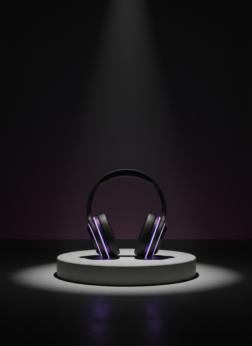 A sleek, matte-black over-ear headphone set resting on a low, pedestal-like plinth of smooth concrete, with a single iridescent accent line around the ear cups in violet and blue hues. The scene sits in a minimalist studio environment with a deep gradient background shifting from inky black to midnight plum. A strong, directional spotlight from above and slightly behind creates sharp, graphic shadows on the floor and crisp rim lighting around the headphones. Shot in photographic realism from a slightly low angle, centered composition, conveying bold, futuristic R&B listening, the physical object standing in for the AI artist’s presence.