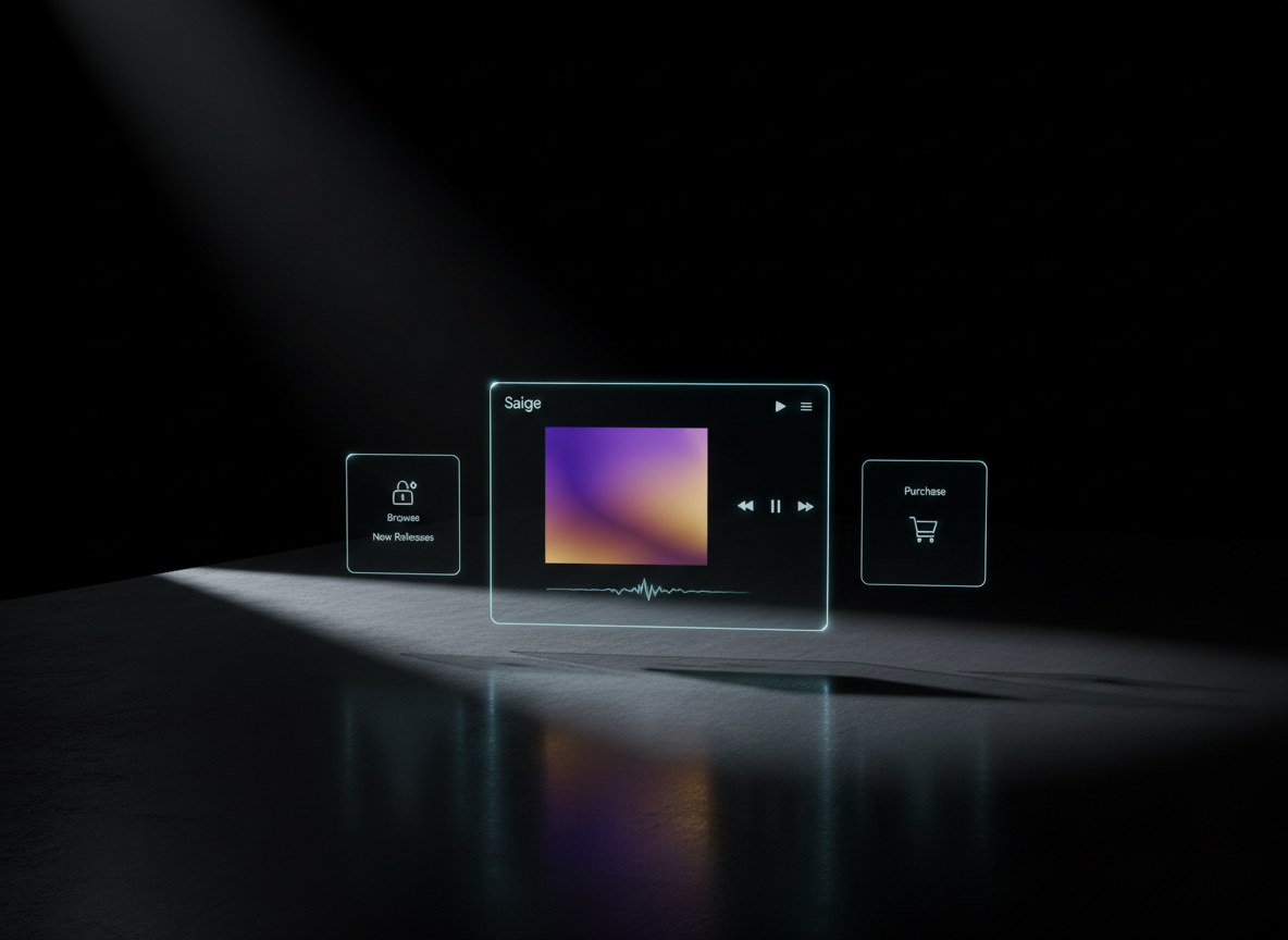 A minimalist music player interface projected as luminous, floating glass panels above a dark, brushed-metal desk surface. The main panel shows a track titled “Saige” with a bold album cover as an abstract violet-and-gold gradient block, alongside clean playback controls and a subtle waveform. A narrow, directional light from the upper left forms crisp geometric shadows of the panels onto the desk, while the rest of the environment fades into deep black. Photographic realism with sharp focus on the interface, shot from a slightly elevated angle. The atmosphere feels high-tech yet soulful, suggesting seamless music previews and purchases on the site.