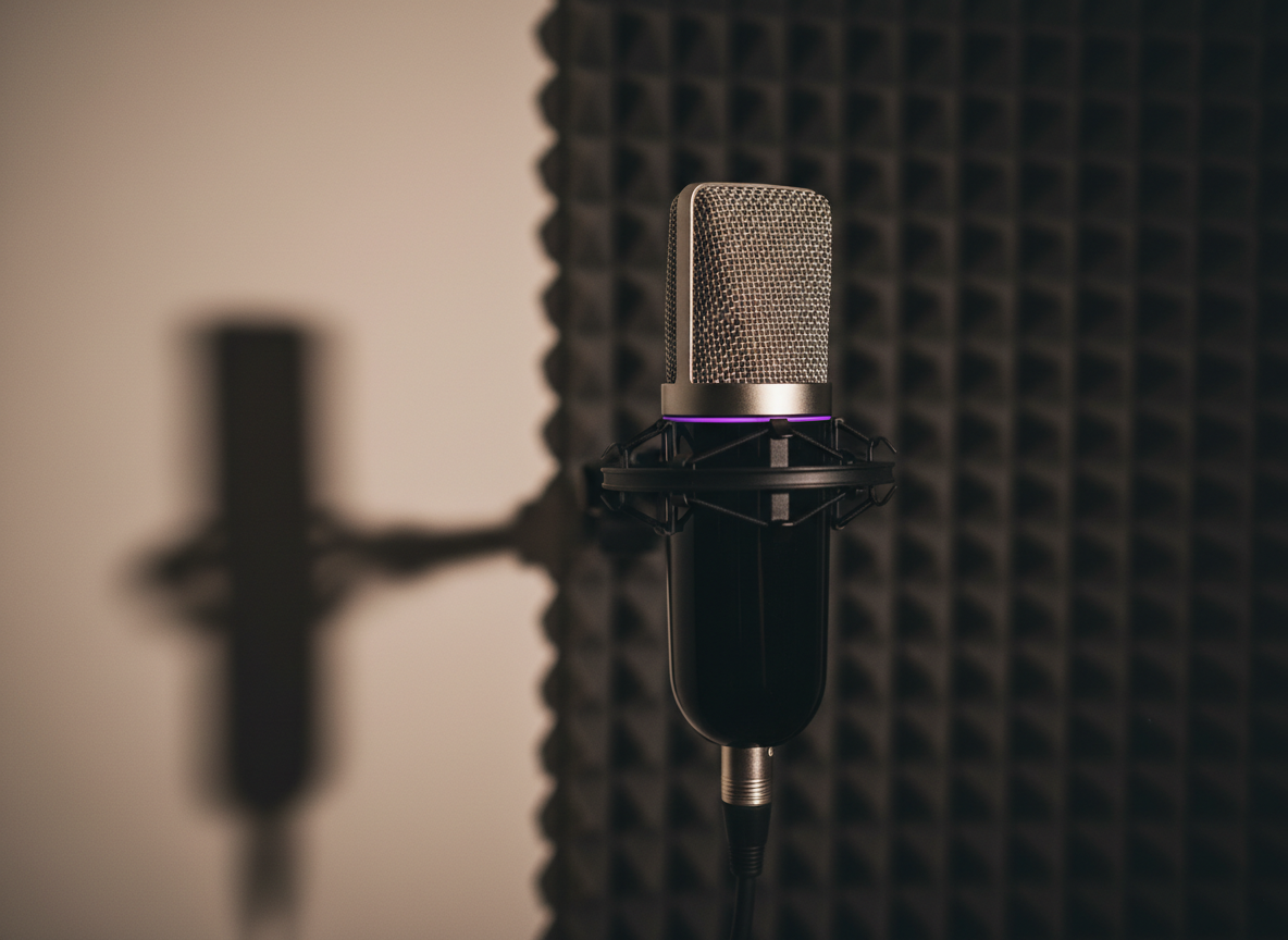A glossy black studio microphone with a fine metal mesh grille and subtle purple LED ring at its base, suspended in a shock mount in front of a deep charcoal acoustic panel. Sharp, directional key light from the left carves out crisp highlights along the microphone’s cylindrical body, casting a clean, elongated shadow across the minimalist wall. The background is intentionally uncluttered and softly blurred, emphasizing the mic as the bold focal point. Photographic realism with a modern, high-contrast look, eye-level composition and shallow depth of field, evoking a powerful R&B recording session without showing any performer, just the pure, focused energy of voice and sound.